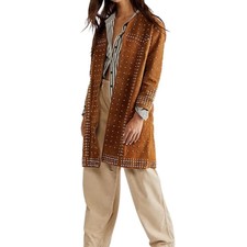Free People Understated Suede Stud Fortune Suede Leather Coat Tan Brown