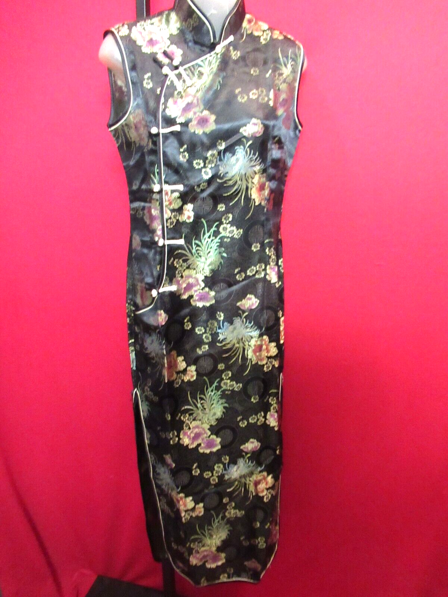 SHENG TANGKUYI Black Gold Floral Oriental Cheongsam Kimono Dress Large NWT  | eBay