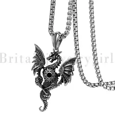 22" Biker Stainless Steel Punk Flying Dragon Pendant Chain Necklace for Men Boys