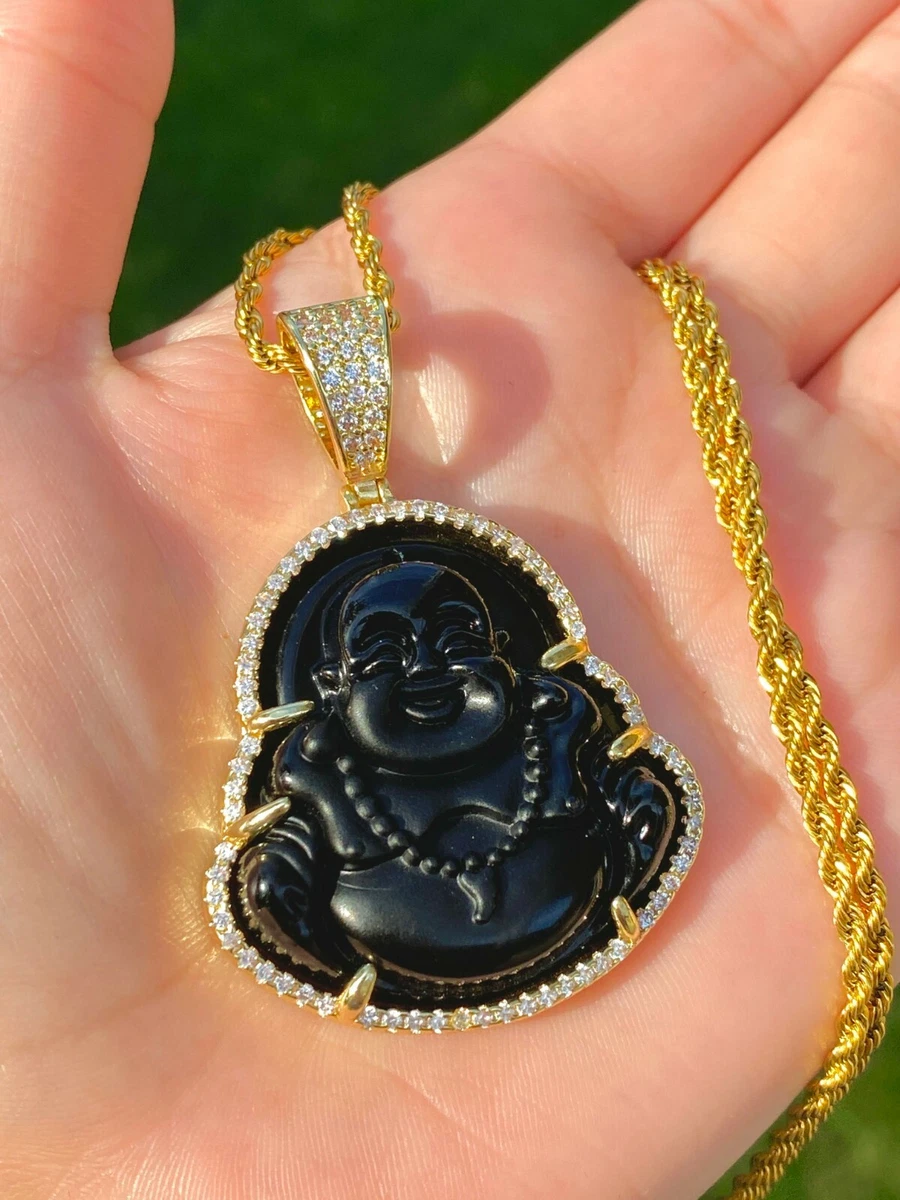 Men Good luck Fortune Black Jade Bling laughing Buddha 14k Rope Chain Necklace