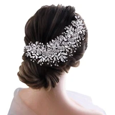 Crystal Bridal Headpiece Silver Flower Leaf Wedding Rhinestone Hair Vine