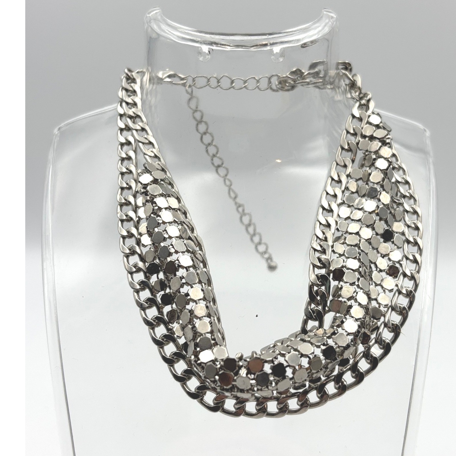 Statement Bib Necklace Silver Tone Mesh Chain Party Choker Costume