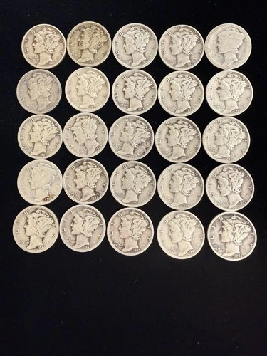 Mercury Dimes Mixed dates 90% Silver 25 Coin Lot