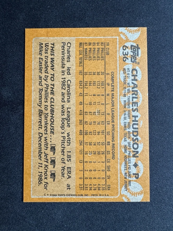 1988 Topps Baseball #636 Charles Hudson Autograph Signed TTM/IP New York Yankees - Image 2 of 2