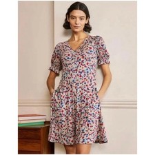 Boden Women’s Sz 10 Petite Blue Red Floral V-Neck Jersey Dress Riviera Ditsy