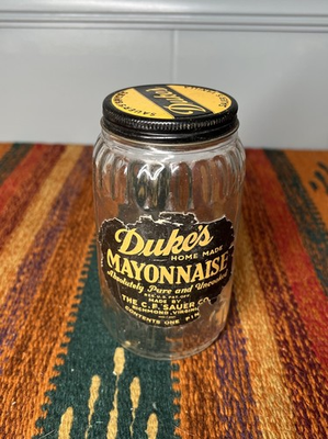 #ad Vintage Dukes Home Made Mayonnaise Sauer Co. Jar w Label amp; Lid One Pint $34.99