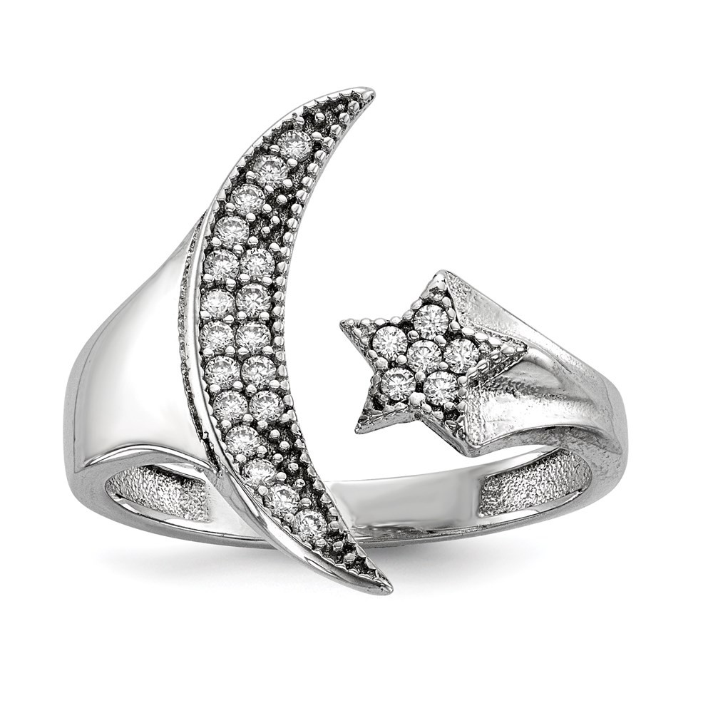Sterling Silver Rhodium-plated Cubic Zirconia Moon & Star Polished Ring Size 8