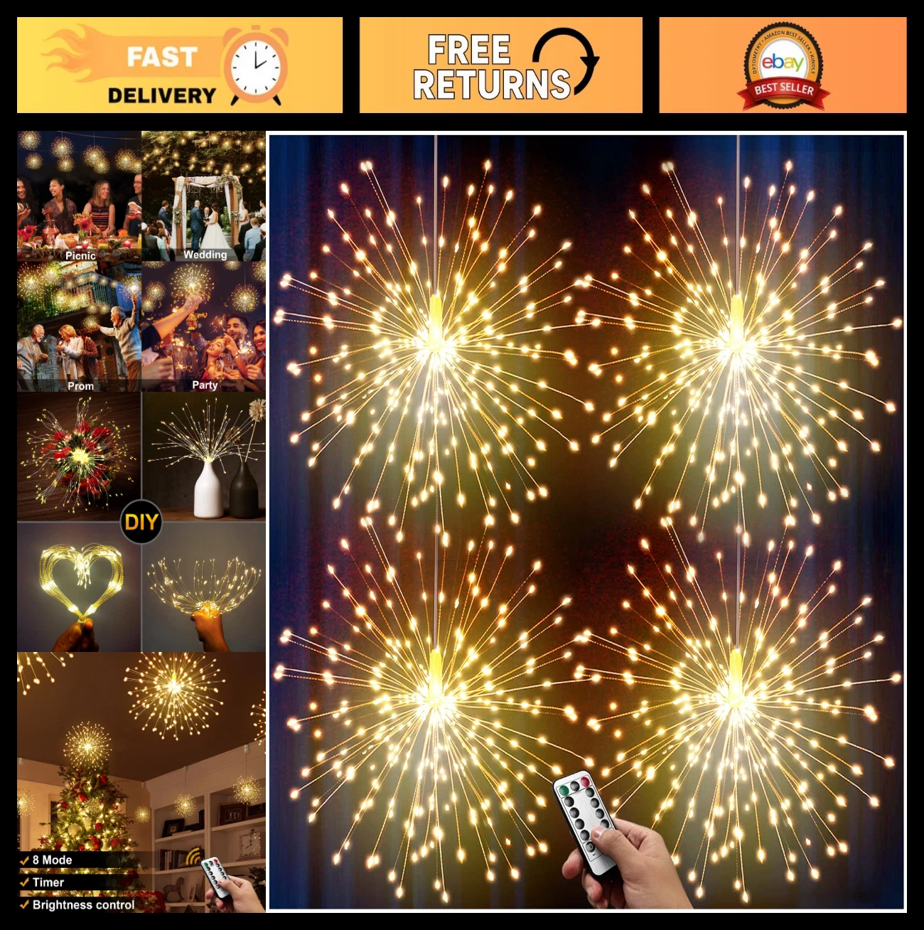 Warm White LED Starburst Lights - 3200K Battery Operated Chandelier Decor, 8 Mod