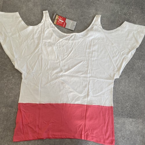 Champion Women’s Cold Shoulder T-Shirt White Pink Colorblock Heritage Fit NWT - Picture 2 of 5