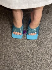Clear Blue Block Heel Mules/sandals Party Slip On New