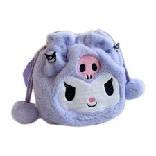 Anime Kuromi Plush Crossbody Bag Purple Drawstring Shoulder Purse Pom Pom Fluff