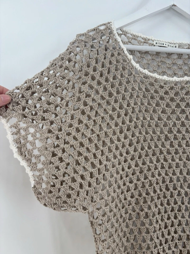 Blusa tejida Alice + Olivia para mujer mediana beige blanca abierta crochet lino algodón Foto 3 de 4