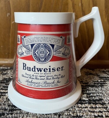 Vintage BUDWEISER BEER Wide Bottom THERMAL MUG FLAMBEAU Stein Mug Cup RED  Label | eBay