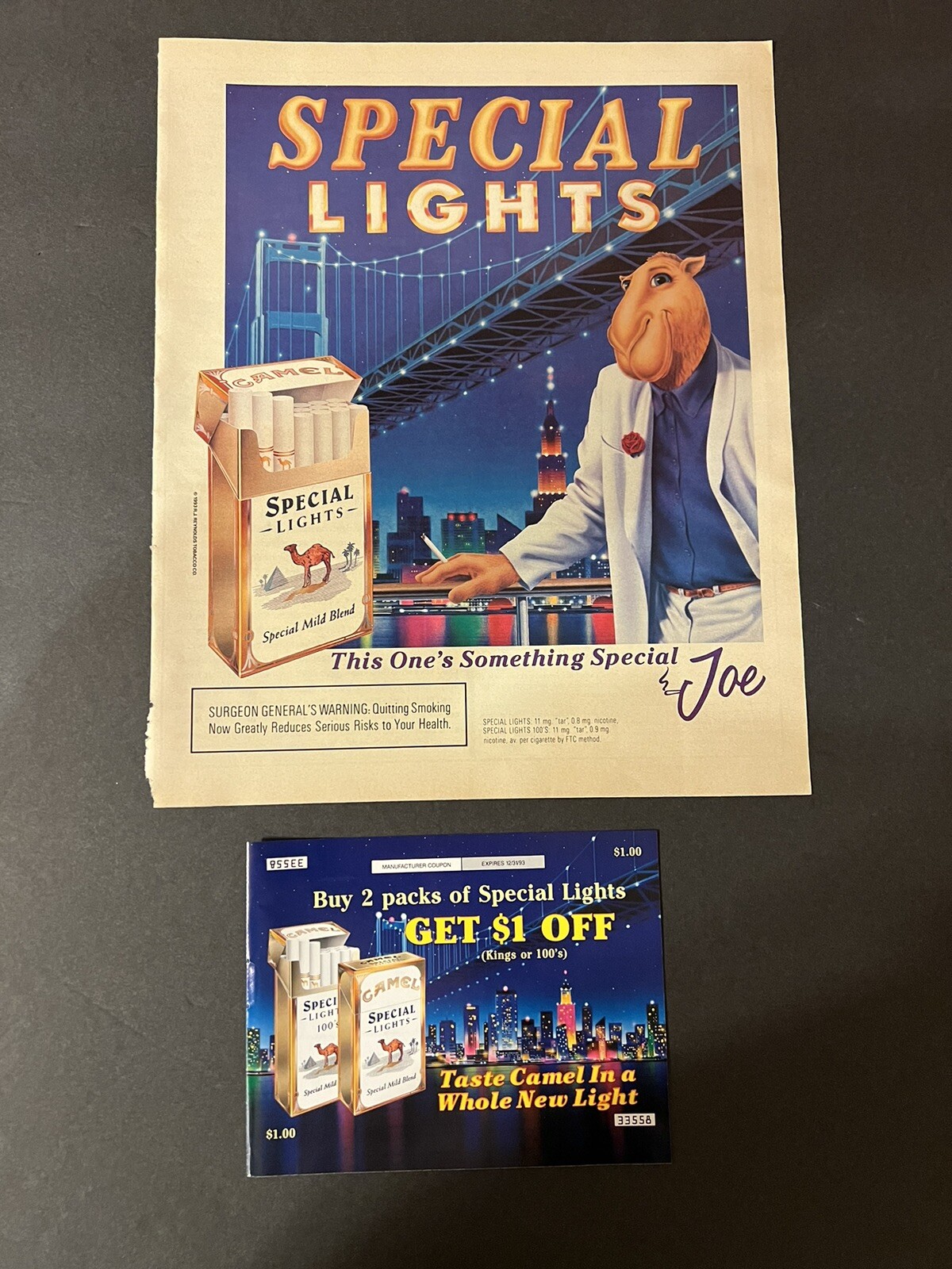 Vtg 1990s Camel Special Lights Cigarette Ad with Coupon, Joe Camel