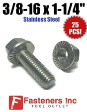 (Qty 25) 3/8-16 x 1-1/4" Stainless Steel Hex Cap Serrated Flange Bolt WITH NUTS