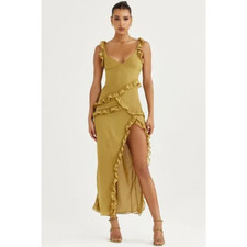NWT House of CB Chiffon Pixie Olive Side Slit Maxi Ruffled Dress Sz XS $285
