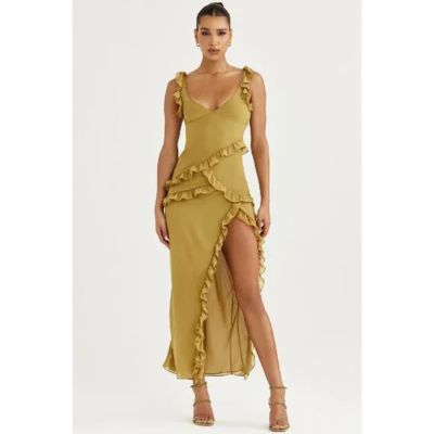 white christmas dresses Sexy Double Deep V-Neck Ruffles Sleeveless Bridesmaid Dress Chiffon Side Split Evening Party Dress