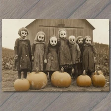 Art Print Spooky Family Portrait Skull Masks Pumpkins Halloween Vintage Aestheti