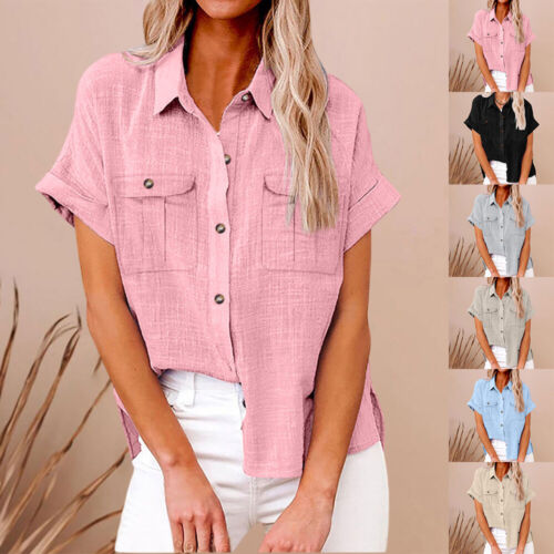 Womens Button Up Casual T Shirts Blouse Ladies Summer Short Sleeve Tunic Tops