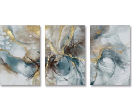 Turquoise and Gold Abstract Wall Art Watercolor Painting (36”Wx12”H(12”x16”)3pcs - Picture 1 of 4