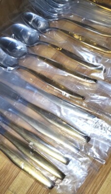 15 Pc. Vintage ELDAN Stainless / Gold Plated Handle Flatware Silverware Japan 