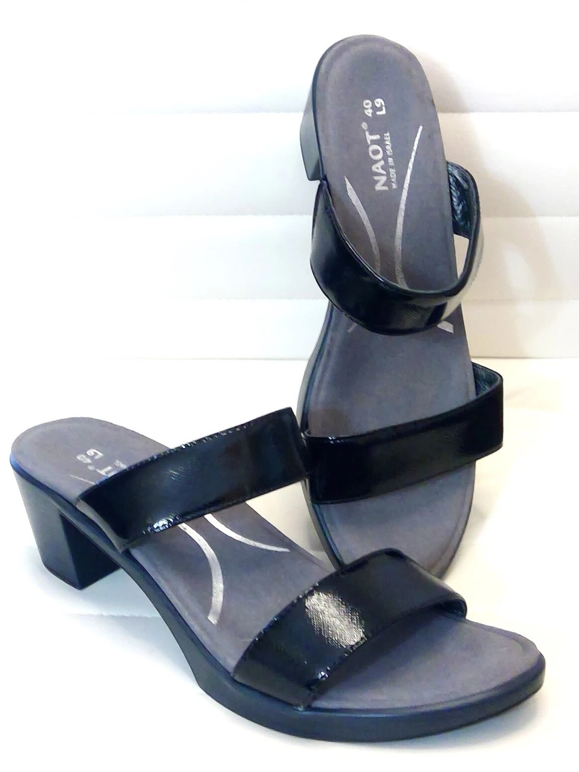 Sandale femme Naot Fate Supreme 9 cuir verni noir bout ouvert talon moyen slide