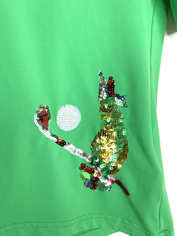 Golfino Women's Large L 12 Golf Shirt Top Collared Green Sequined Parrot - Image 2 of 4