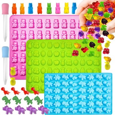3 Stück: Gummibonbonbonsformen - Silikon Mini, Früchte + Bär + Dinosaurier 