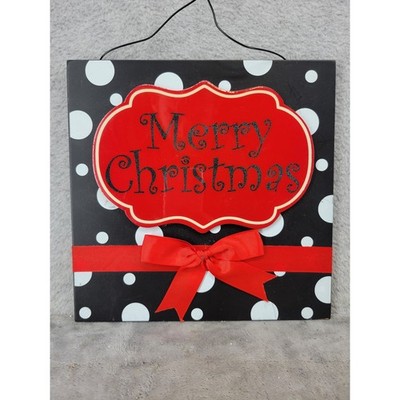 Hobby Lobby Merry Christmas Wall Decor Sign Black White Polka Dot Red Bow 10x10