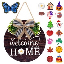 Interchangeable Seasonal Welcome Sign Front Door Decorations, Round Wood Wrea...