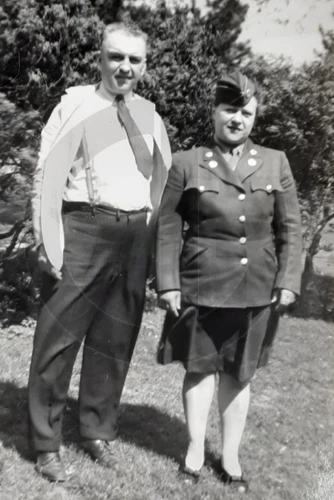 Woman in W.A.C. Uniform Poses w/Proud Father: WWII-era 1940's Snapshot Photo