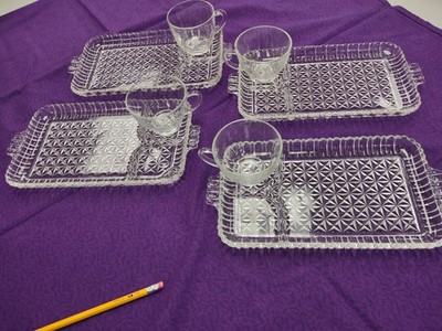  Vintage Serva-Snack Clear snack set, Anchor Hocking, 4 plates 4 cups