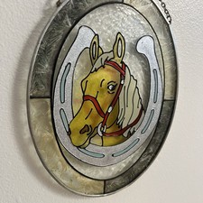 Vintage Stained Painted Glass Horse Sun Catcher Horseshoe Window Decor