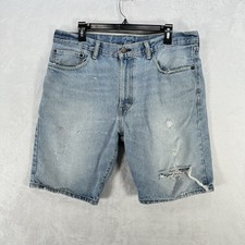 Levis 505 Shorts Mens 36 Denim Jean Y2K Light Wash Red tab Distressed 9" Inseam