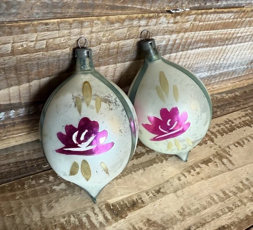 Set of 2 Vintage Mercury Glass Blue Fantasia Pink Flower Christmas Ornament #608