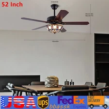 52'' Tiffany Ceiling Fan with 3 Lights +Remote Control, Wooden Ceiling Fans