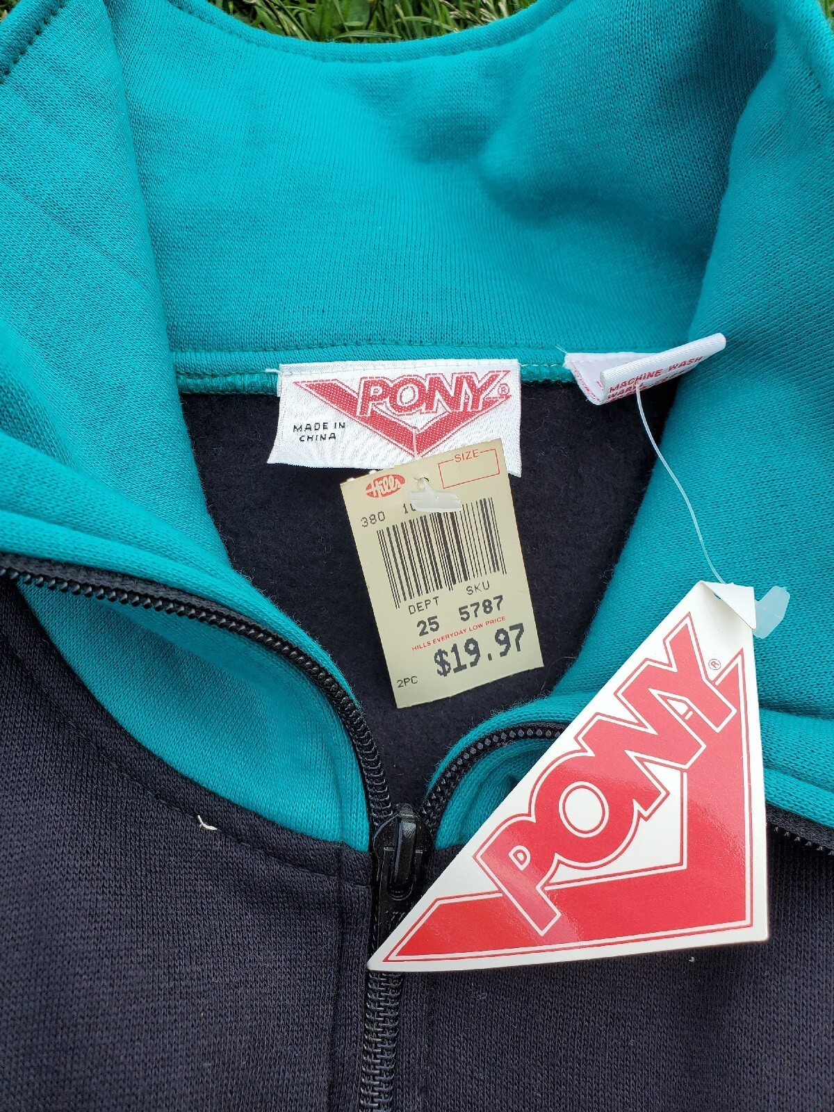 Giacca Vintage Anni '90 NOS Pony Uomo Zip Up Nero Bianco Verde Grande NOS Nuova con etichette! 1990