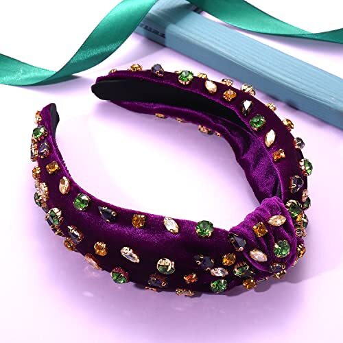 Diadema anudada con diamantes de imitación Mardi Gras para mujer cristal brillante terciopelo púrpura - Imagen 3 de 3