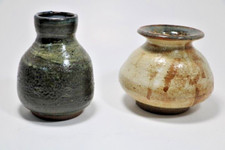 2 VINTAGE Studio Art Pottery Stoneware Brown & Green  Glazed  Vases Signed  R.S.