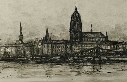 unleserlich signiert Aquarell Frankfurt am Main Eiserner Steg Dom Grisaille - Picture 3 of 4