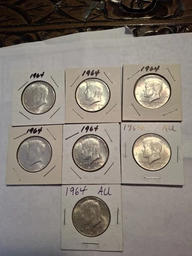 1964 Kennedy Half Dollar Silver Uncirculated AU Lot of 7 50C Coins