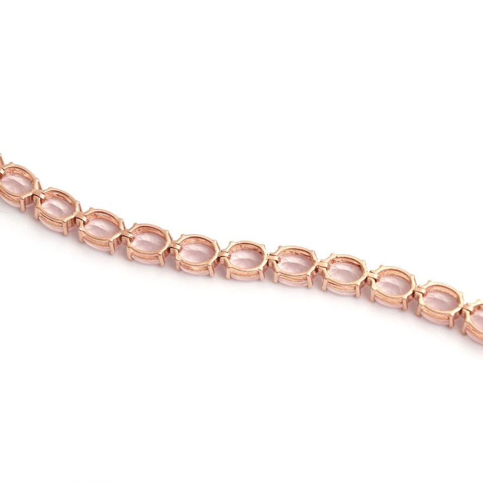Pulsera Tenis Cuarzo Rosa Natural Plata de Ley 925 Piedras Preciosas Ovaladas Regalo Nupcial Foto 3 de 4