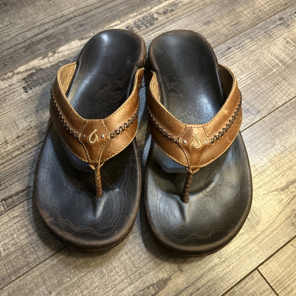 Olukai Mea Ola Flip Flops Mens 12 Brown Leather Sandals - Image 3 of 4