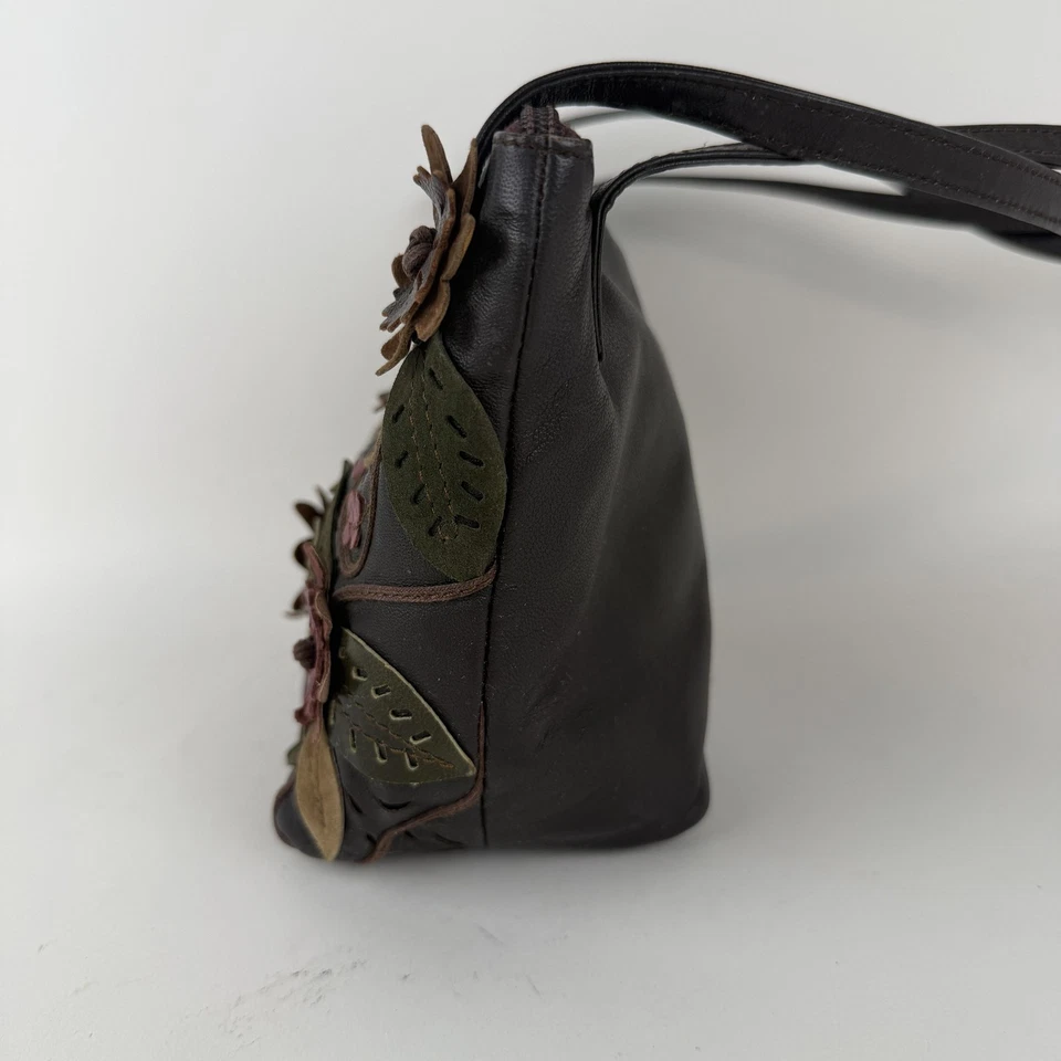 Braccialini Shoulder Bag Womens Brown Leather Floral Applique 3D Flowers Purse - Image 4 of 4