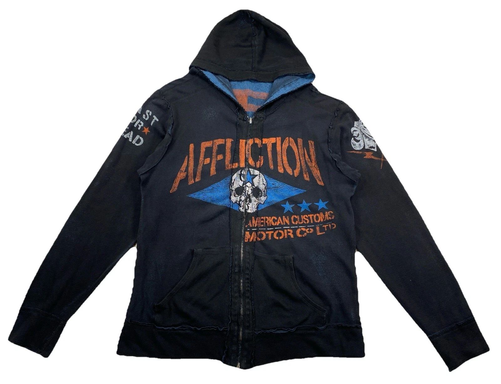 Affliction Reversible Hoodie Black Blue Thermal Full Zip Men's Large