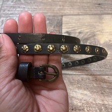 Slim Black Leather Studded Belt Antiqued Brass Hardware Skinny Boho Rocker