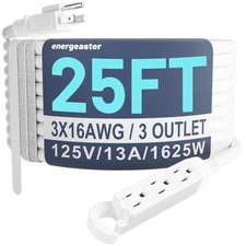 16/3 25 Ft 3 Outlet Extension Cord Indoor, Outdoor White Extension Cords with...