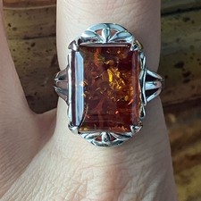 Natural Amber Sterling Silver Cocktail Ring Size 8