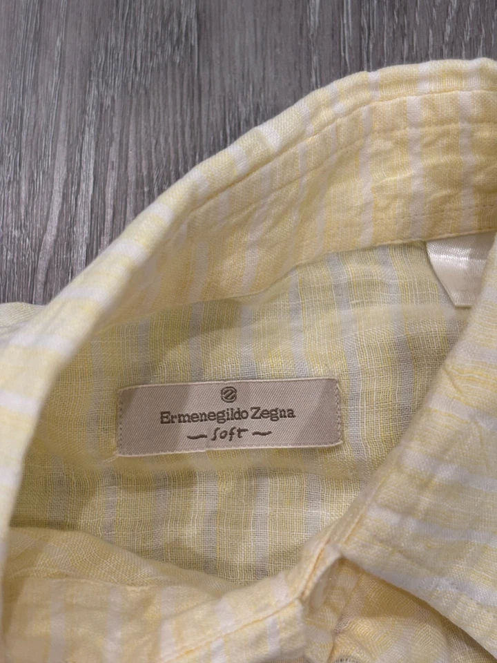 Ermenegildo Zegna 100% Linen Yellow & White Stripe Button Shirt Men's SizeS - Image 4 of 4