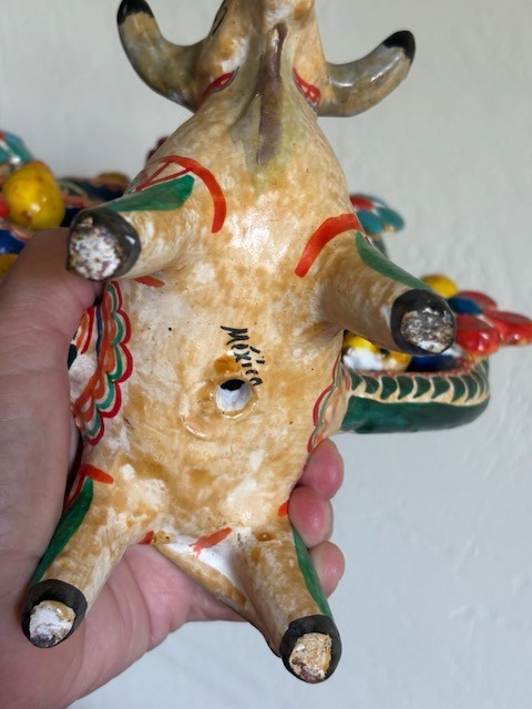 Vintage Mexican Folk Art Pottery Bull Tree of Life Candle Holder